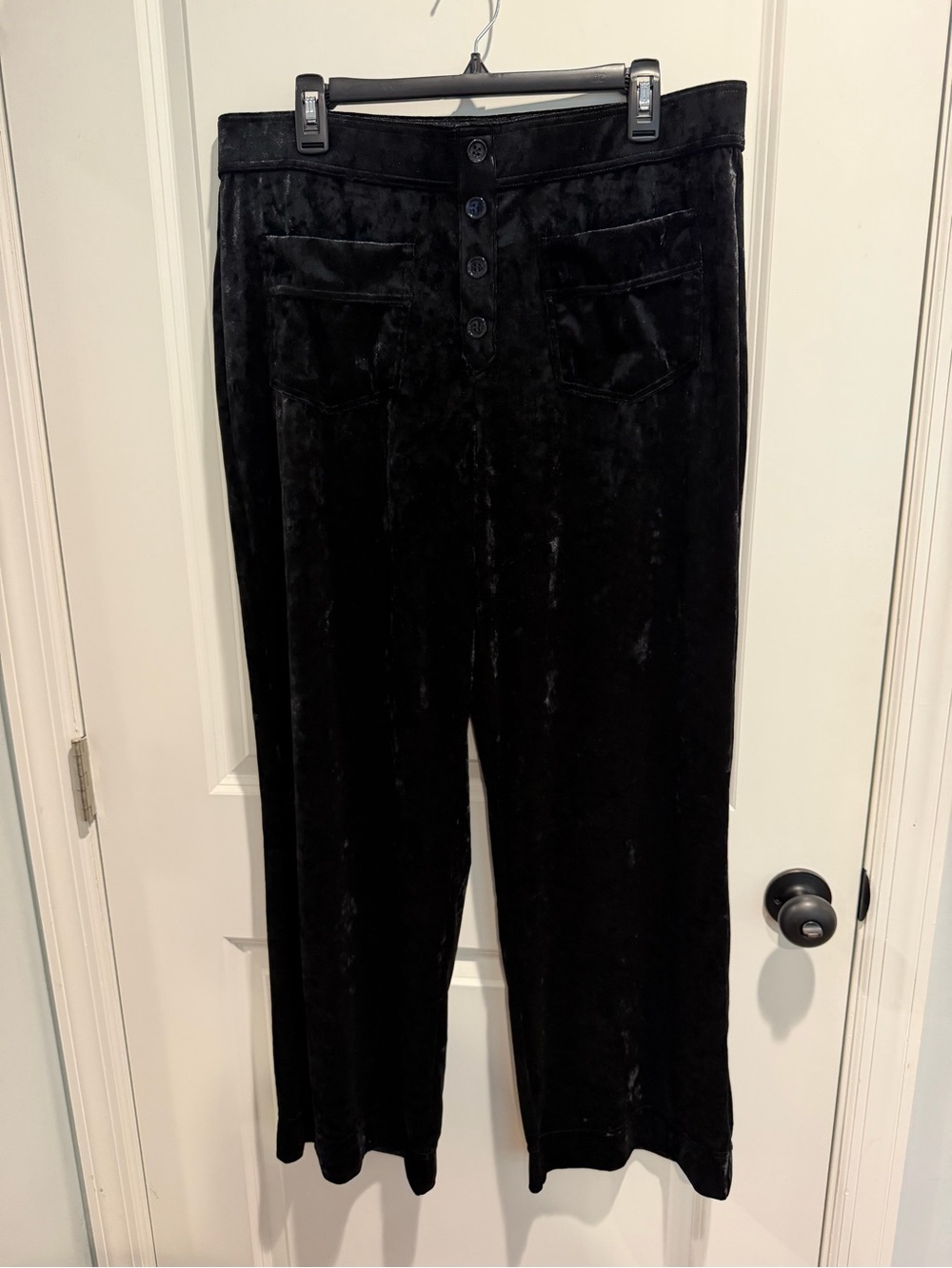 HALARA Black Velvet-Look Wide Leg Button Stretch Pants